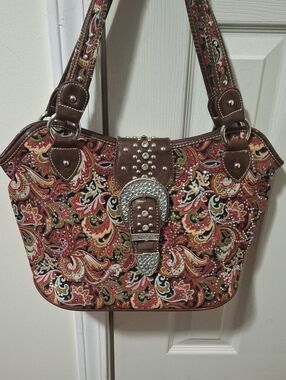 Montana West Brown and Red Paisley Shoulder Bag with Crystal Buckle